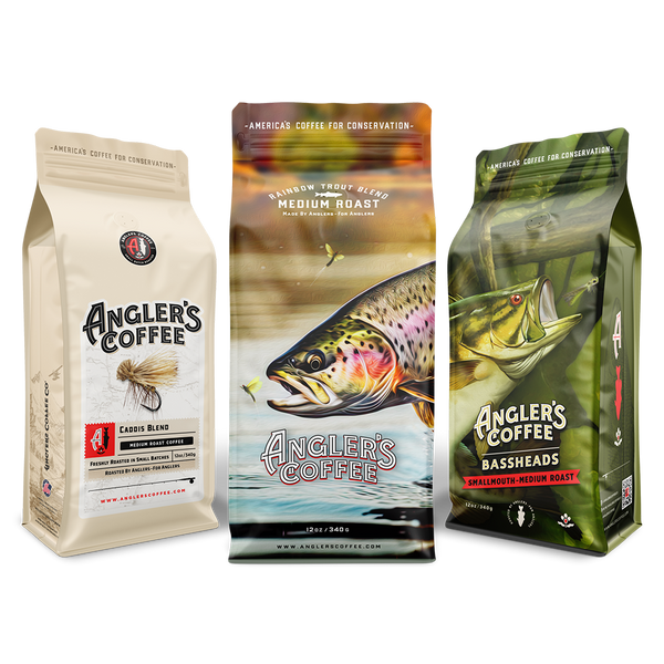 Medium Roast Sampler Pack (Caddis, Bassheads Smallmouth, Rainbow; 12oz, Anglers Classic line nippers)