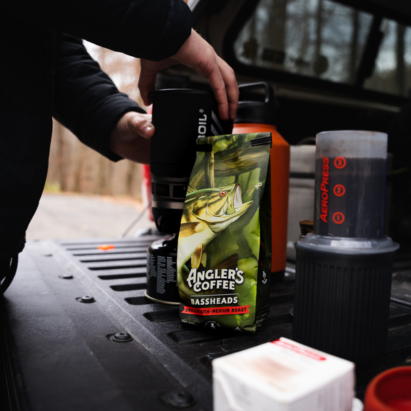Medium Roast Sampler Pack (Caddis, Bassheads Smallmouth, Rainbow; 12oz, Anglers Classic line nippers)