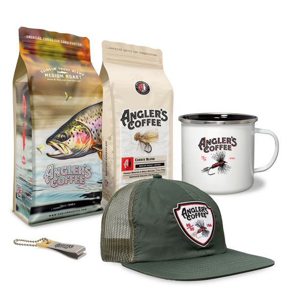 Double Haul Pack (Dry Fly Camp Mug, Angler's Expedition Cap, Rainbow, Caddis; 12oz; Angler's Classic Line Nippers)