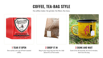 How to brew an Angler's Coffee sachet: tear it open, drop it in your mug with hot water, dunk and wait 5 minutes